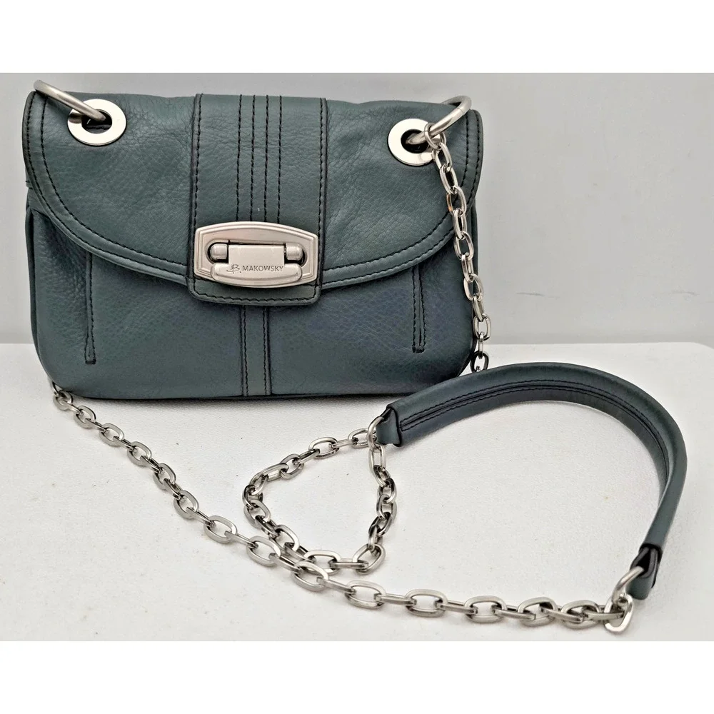 B. Makowski Genuine Leather Green Crossbody Bag - silver/leather Chain Strap
